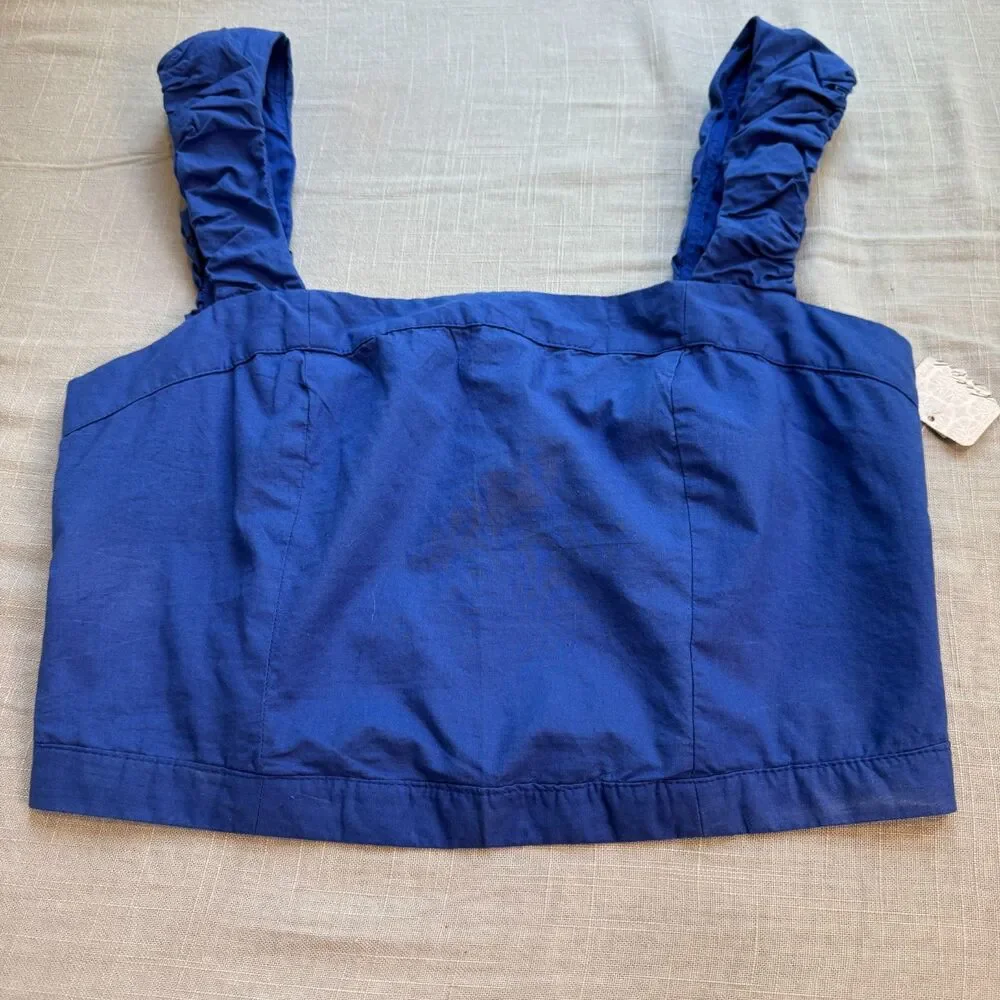 Free People Tank Top Women's M Royal Blue Cropped Cotton Scrunch Strap Top